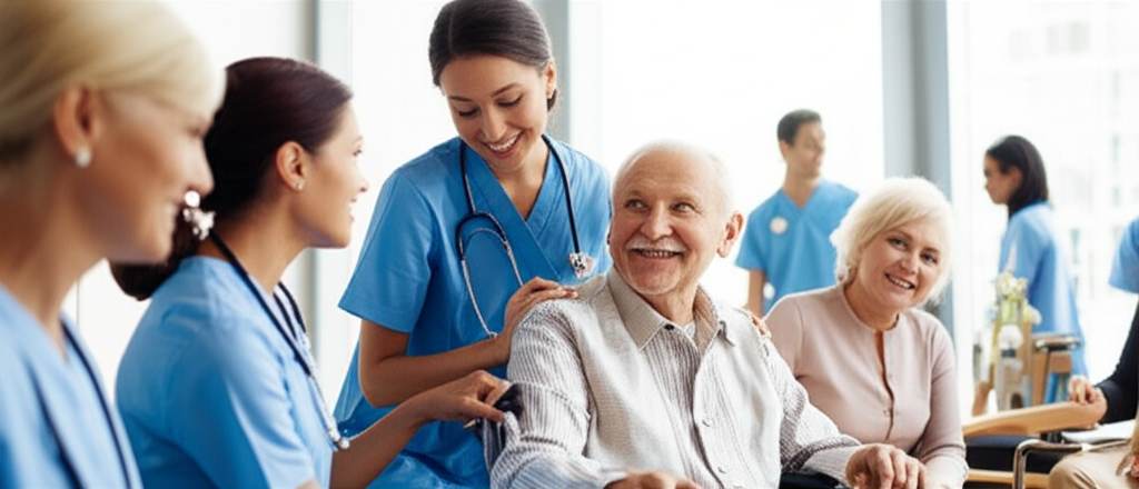 Professional healthcare team providing compassionate care to elderly patients